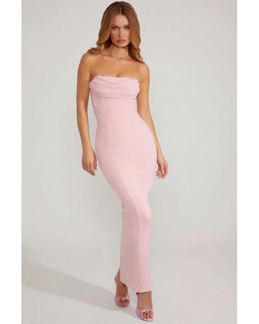 Oh Polly Pink Embellished Bandeau Cowl Neck Maxi Dress