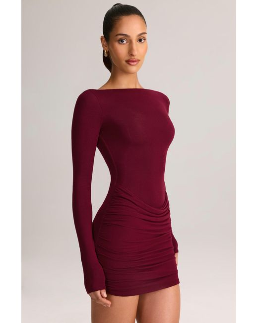 Oh Polly Red Modal Boat-Neck Draped Long-Sleeve Mini Dress