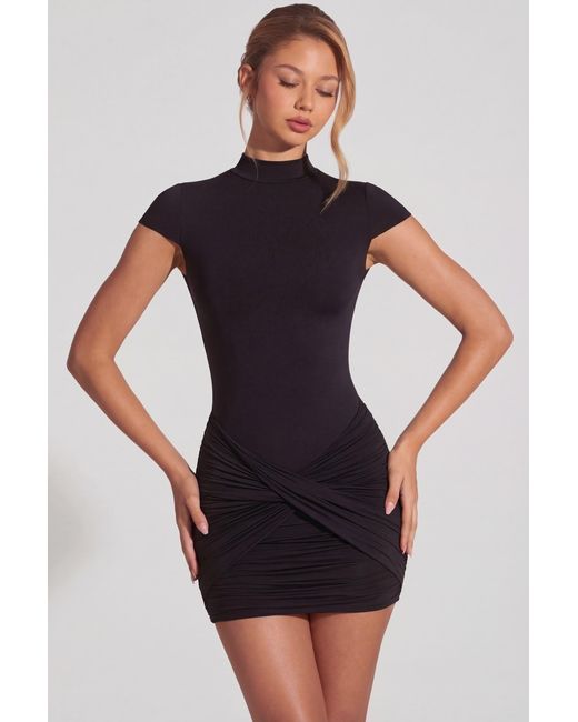 Oh Polly Black Jersey Turtleneck Ruched Backless Mini Dress