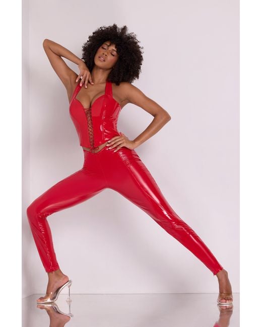 Oh Polly Red Vinyl High V-Waist Leggings