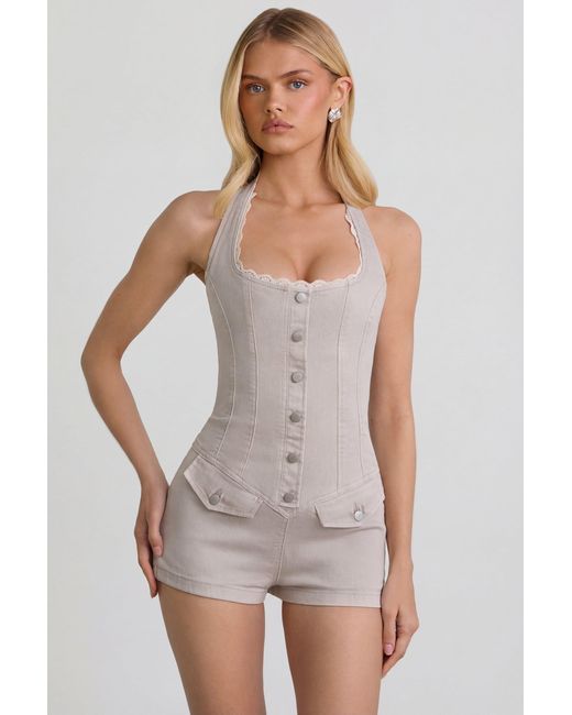 Oh Polly Natural Button-Down Halterneck Playsuit