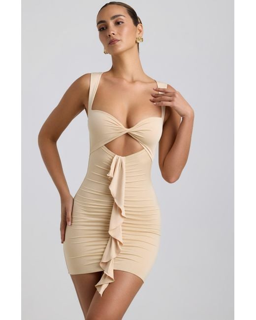 Oh Polly White Slinky Jersey Cut-Out Ruffle-Trim Mini Dress