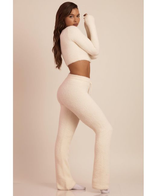 Oh Polly White Fluffy Knit Wide-Leg Trousers