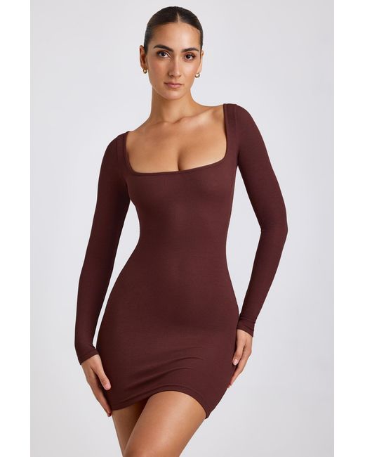Oh Polly Brown Ribbed Modal Long Sleeve Mini Dress