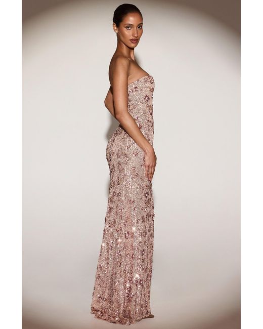 Oh Polly Natural Embellished Bandeau-Neck Strapless Gown