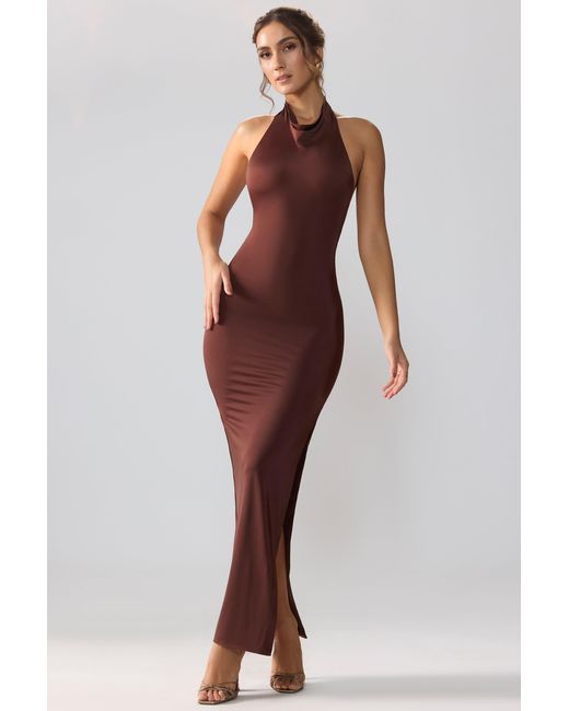 Oh Polly Brown Jersey Cowl Neck Backless Maxi Dress