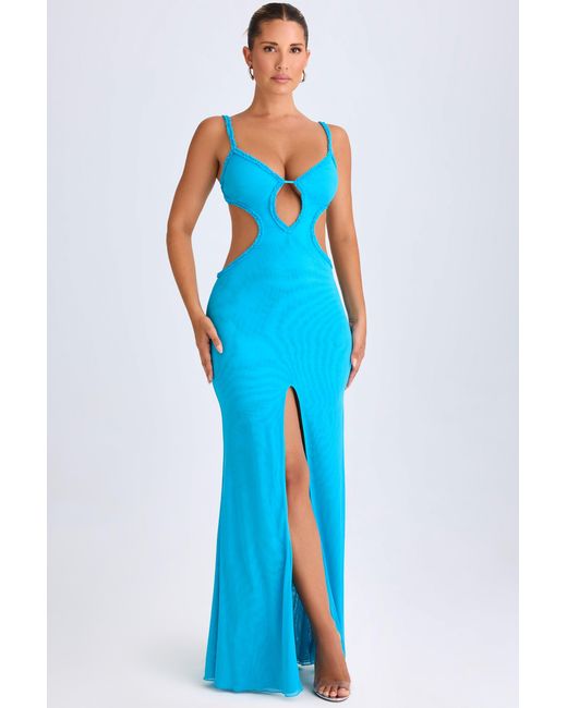 Oh Polly Blue Ruffle-Appliqué Cut-Out Maxi Dress