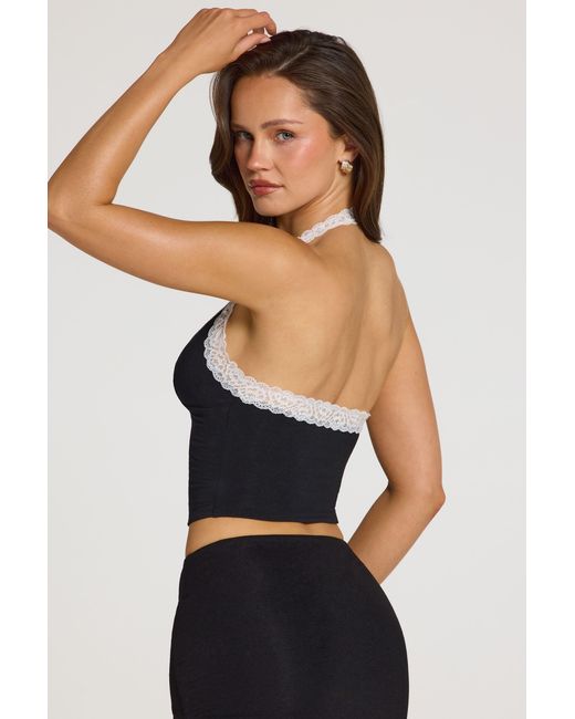 Oh Polly Black Modal Lace-Trim Halterneck Top