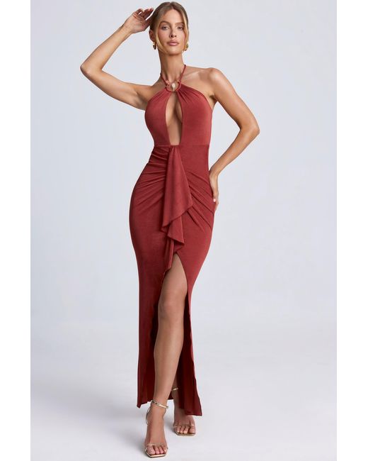Oh Polly Brown Hardware Detail Cut-Out Halterneck Maxi Dress