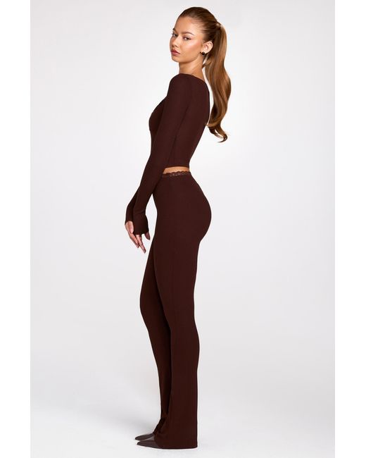 Oh Polly Brown Modal Mid-Rise Flared Trousers