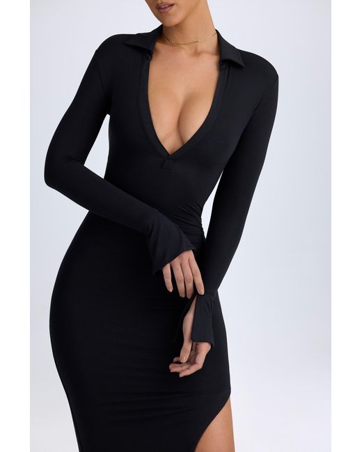 Oh Polly Black Modal Plunge V-Neck Midaxi Dress