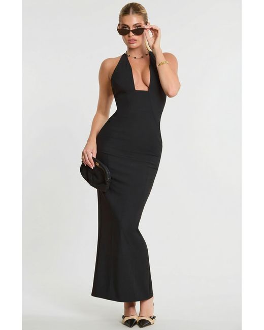 Oh Polly Black Woven Twill Halter Neck Plunge Maxi Dress