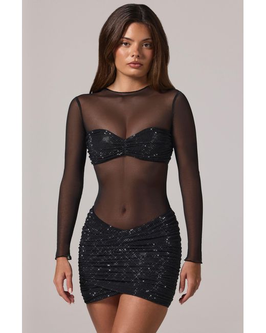 Oh Polly Black Sheer Embellished High-Neck Long Sleeve Mini Dress