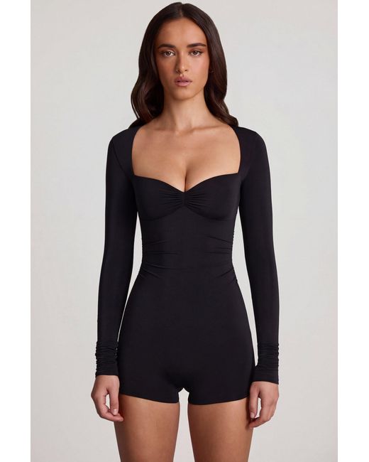 Oh Polly Black Soft Jersey Sweetheart Long-Sleeve Mini Playsuit