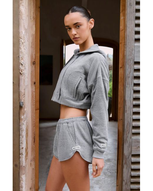 BO+TEE Gray Terry Cotton Zip-Up Cropped Hoodie