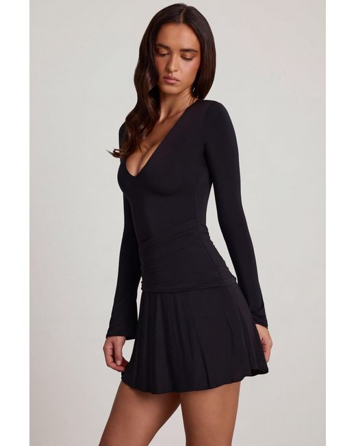 Oh Polly Black Soft Jersey Scoop-Neck Flared Mini Dress