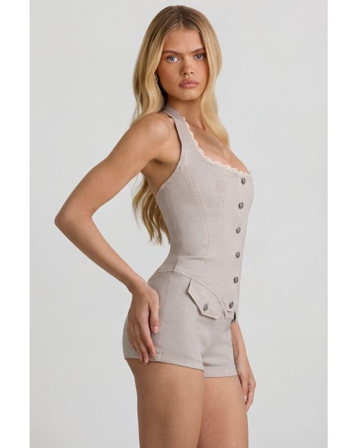 Oh Polly Natural Button-Down Halterneck Playsuit