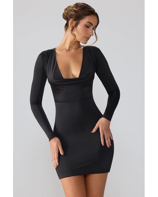 Oh Polly Black Slinky Jersey Long Sleeve Plunge Neck Mini Dress