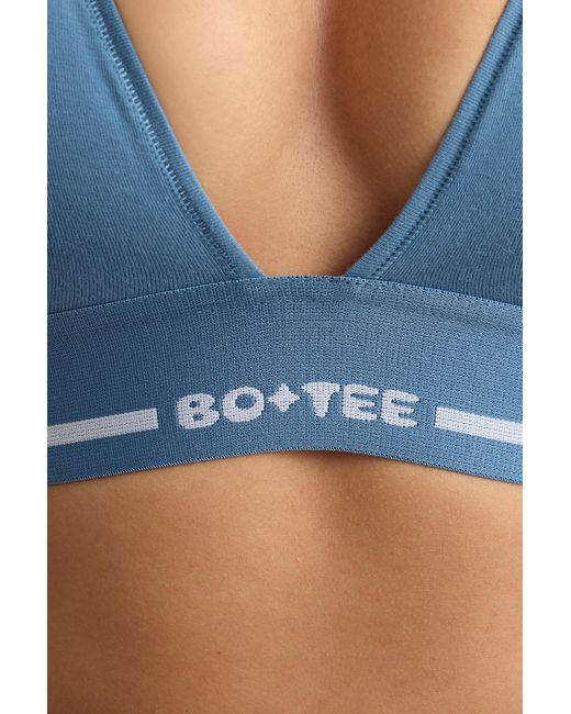 BO+TEE Blue Stretch Cotton Jersey Plunge-Neck Crop Top