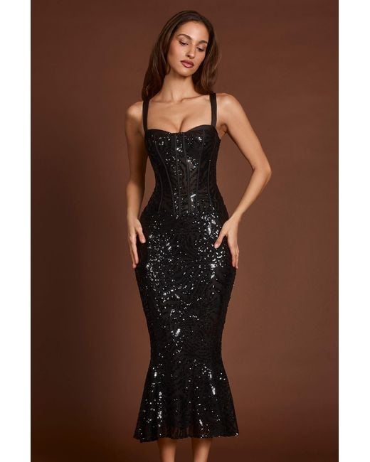 Oh Polly Black Embellished Peekaboo Corset Midaxi Dress
