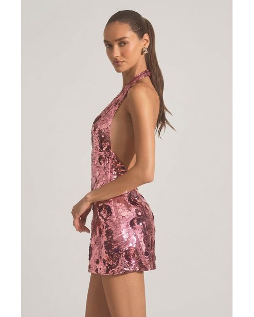 Oh Polly Pink Sequin-Embellished Halterneck Mini Dress