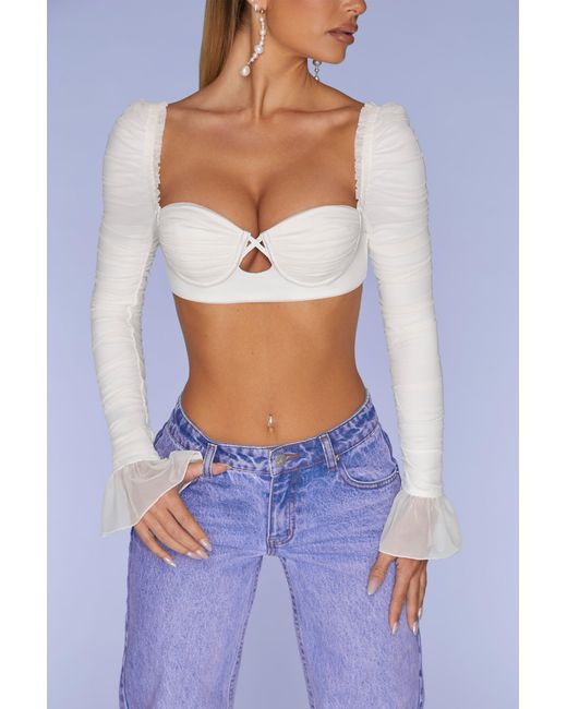 Oh Polly White Long Sleeve Ruched Crop Top