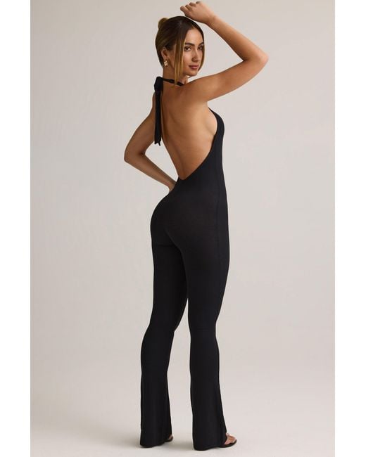 Oh Polly Black Modal Ribbed Backless Halterneck Jumpsuit