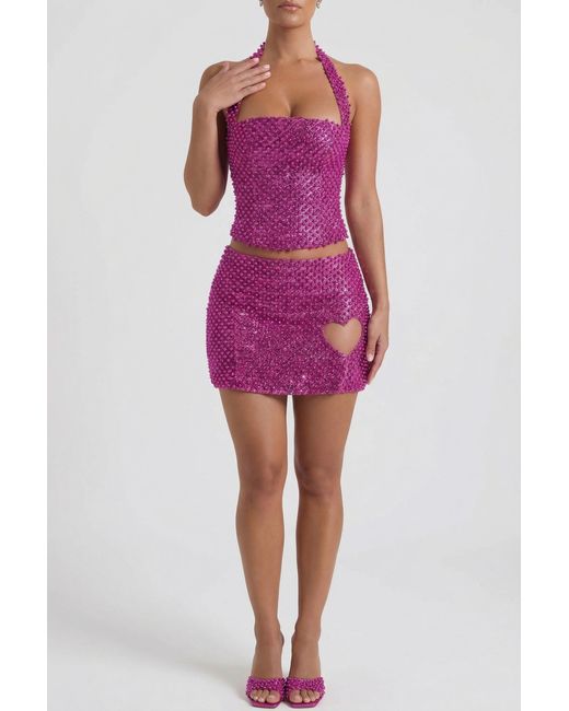 Oh Polly Purple Embellished Halterneck Corset Top
