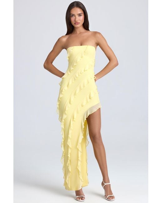 Oh Polly Yellow Bandeau Ruffle-Trim Maxi Dress