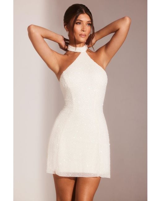 Women's White Embellished Asymmetric Neck A-Line Mini Dress
