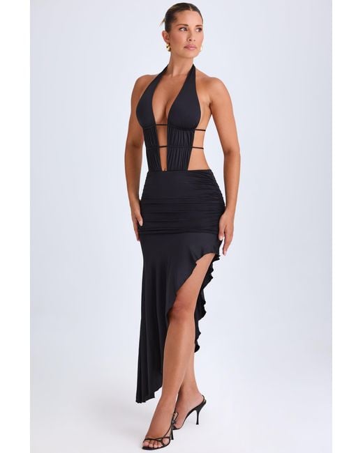 Oh Polly Black Asymmetric Cut-Out Halterneck Midaxi Dress