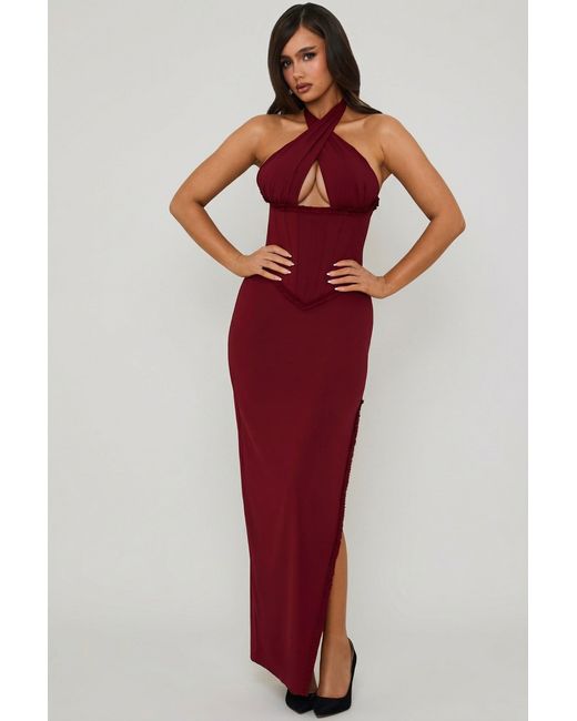 Oh Polly Red Halterneck Lace-Up Corset Maxi Dress