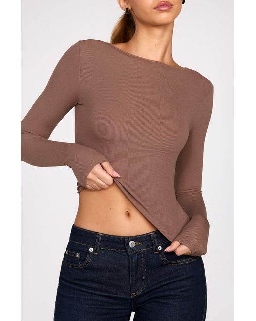 Oh Polly Brown Ribbed Modal Ruched Long-Sleeve Top