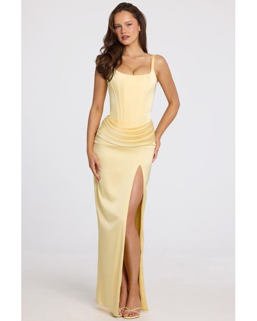 Oh Polly Yellow Corseted Thigh-High Split Maxi Dress
