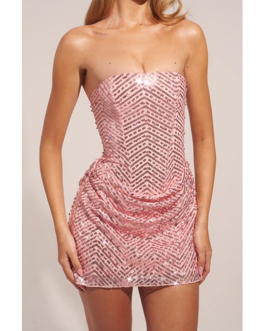 Oh Polly Pink Embellished Draped Strapless A-Line Mini Dress