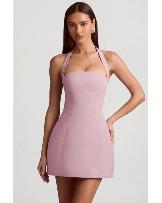 Women's Pink Pinstripe Halterneck Structured A-Line Mini Dress