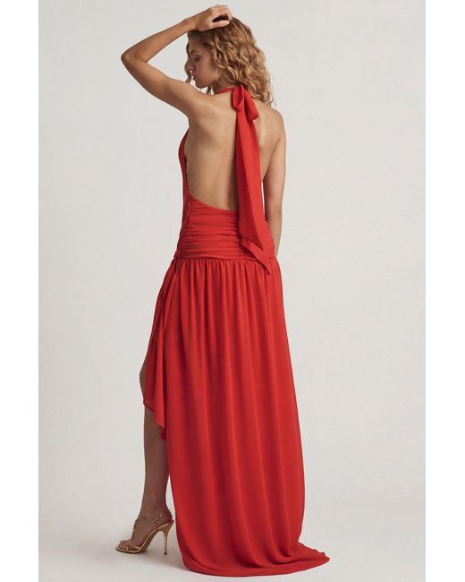Oh Polly Red Asymmetric Halterneck Maxi Dress