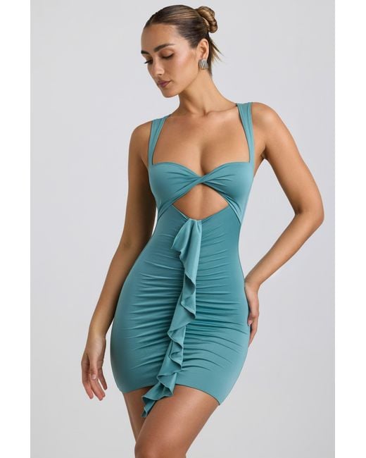 Oh Polly Green Slinky Jersey Cut-Out Ruffle-Trim Mini Dress