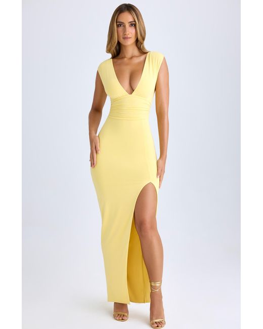 Oh Polly Yellow Modal Plunge-Neck Thigh-Split Maxi Dress