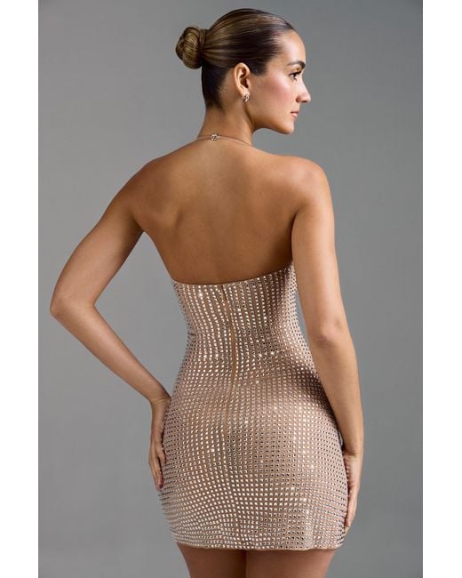 Oh Polly Natural Embellished Halterneck A-Line Mini Dress