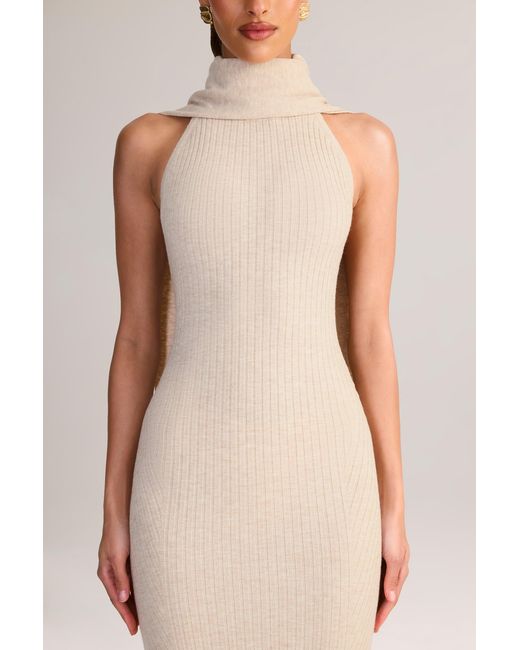 Oh Polly White Rib-Knit Scarf-Detail Halterneck Maxi Dress