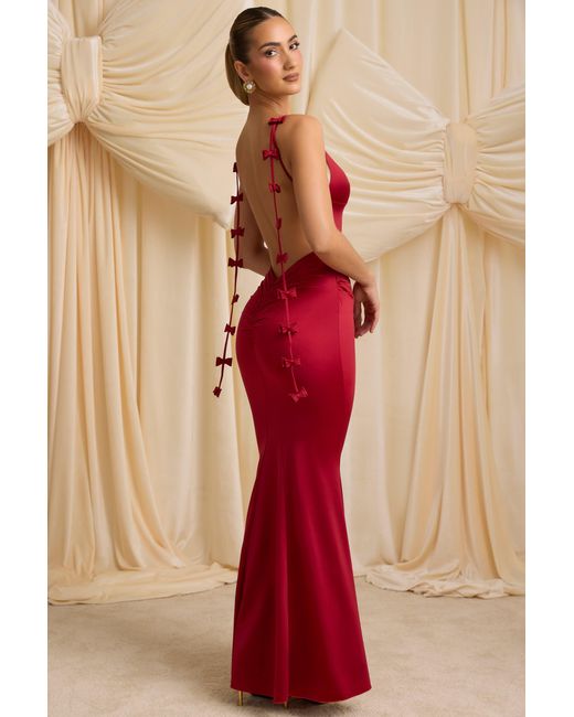 Oh Polly Red Bow-Detail Draped Open-Back Gown