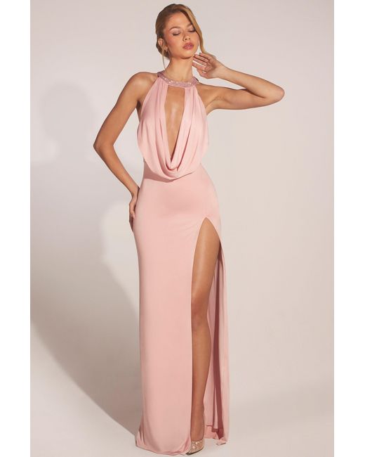 Oh Polly Pink Cowl-Neck Thigh-High Gown