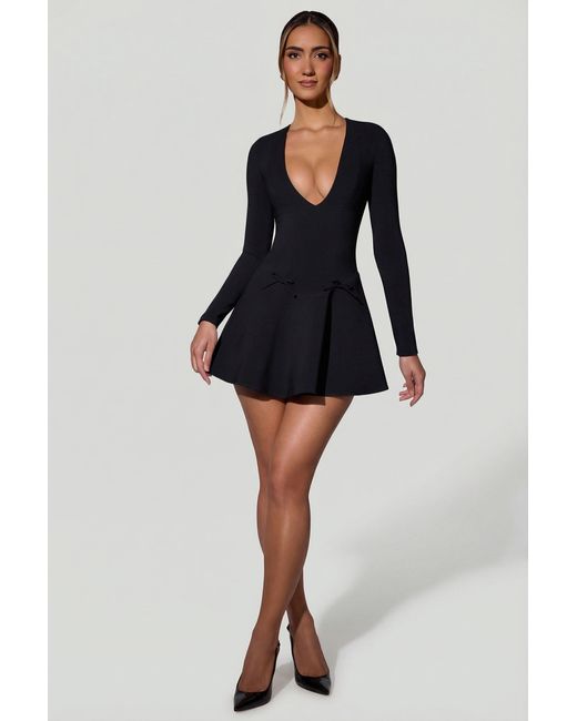 Oh Polly Black Bow-Detail Plunge-Neck A-Line Mini Dress