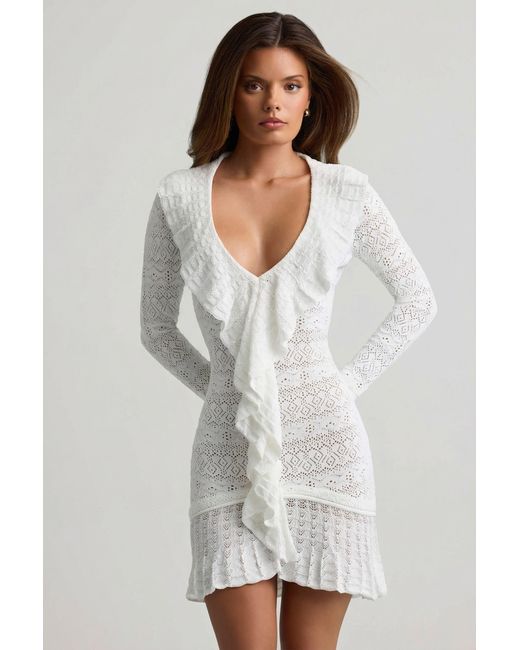 Oh Polly White Ruffle-Trim Pointelle-Knit Mini Dress