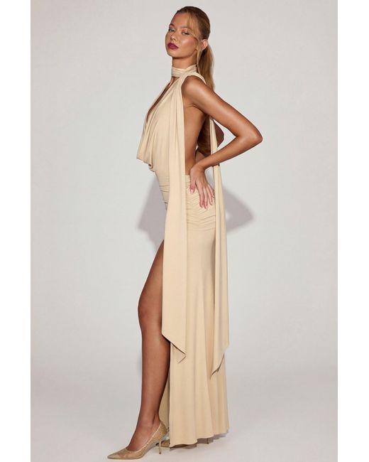 Oh Polly Natural Soft-Jersey Plunge Halterneck Maxi Dress
