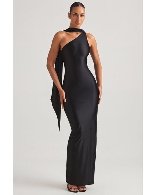 Oh Polly Black Asymmetric Scarf-Detail Maxi Dress