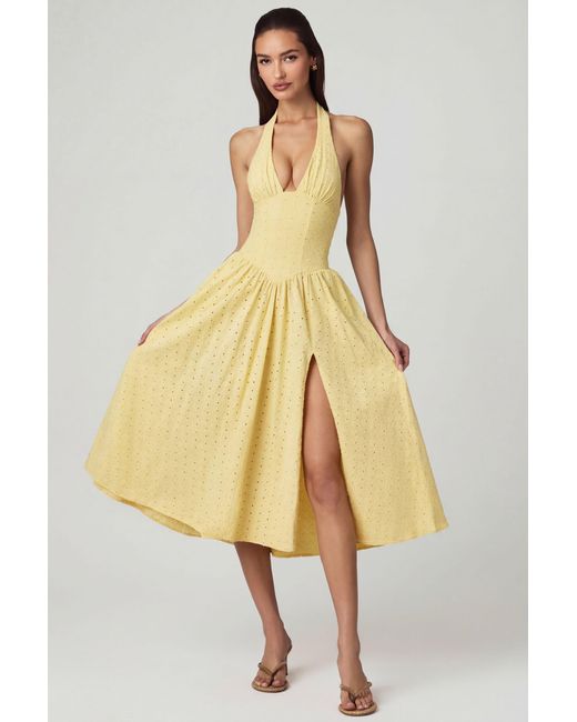 Oh Polly Yellow Modal Broderie Anglaise Halterneck Midaxi Dress