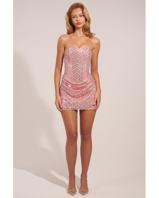 Oh Polly Pink Embellished Draped Strapless A-Line Mini Dress