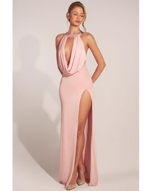 Oh Polly Pink Cowl-Neck Thigh-High Gown